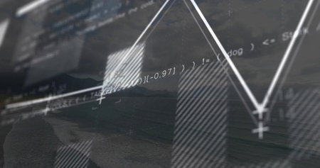 Displaying analytics overlay on lakeside view, with code snippets, bar chart and line graph. Technology, data visualization, nature, innovation, analytics, outdoor, digitalの写真素材