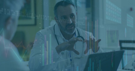 Discussing health data, doctor wearing white coat using laptop at clinic, stethoscope and overlays....