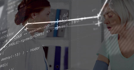 Medical professional measuring patient blood pressure in medical office, with cuff and data overlay....