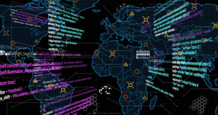 Displaying world map with code streams in data dashboard, neon shapes, red markers and hex patterns....