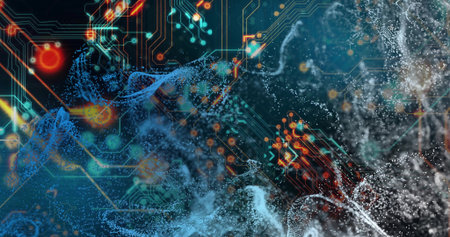 Streaming digital network pulsing in data space with glowing circuit traces and shining nodes. Futuristic, technology, innovation, cyber, connectivity, vibrant, complexityの写真素材