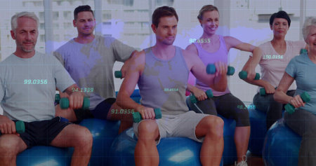Balancing man wearing sportswear lifting dumbbells in gym, with stability balls numeric overlay....
