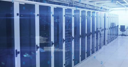 Showing row of glass-front server cabinets lining data center corridor with cable trays overhead....