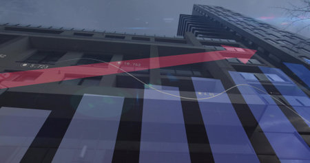 Showing office facade with red arrow, blue bars, graph, numeric labels in urban financial district. Architectural, corporate, graphical, skyscraper, financial, modern, urbanの写真素材