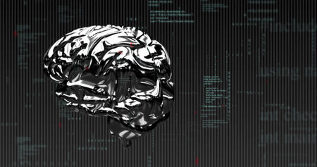 Gliding chrome brain sculpture within digital interface, showing scanlines and code sequences....