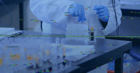 Researcher wearing lab coat and gloves holding test tube on metal lab bench, with glitch artifacts....