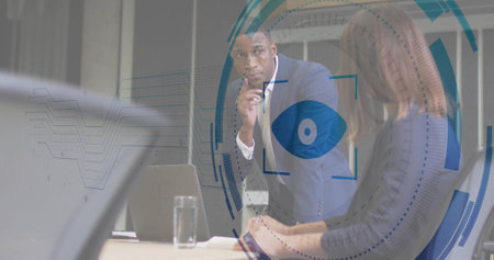 Colleagues in formal attire discussing analytics at meeting table, with stylized eye data overlay....