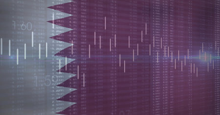 Displaying candlestick bars overlaying digital screen with zigzag divider, numbers and light flare. Finance, trading, data visualization, technological, business, analytical, modernの写真素材