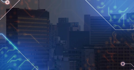 Featuring stylized city skyline blending tech motifs on rooftop view, with glowing circuit overlays....