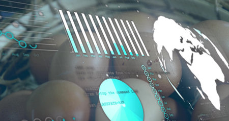 Displaying brown eggs resting in straw nest, with bar, pie chart overlays on world map. Agrarian, data visualization, agricultural, analytics, organic, rural, futuristicの写真素材