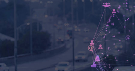 Floating network overlay across urban highway during twilight, with cars and guardrails, copy space. Urban, transportation, connectivity, digital, technology, motion, infrastructureの写真素材