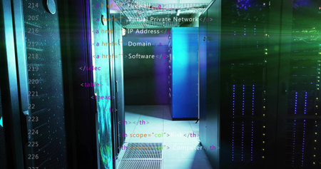 Illuminating data center corridor with blinking LED server racks and overhead cable tray....