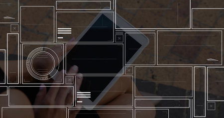 Holding tablet, woman wearing shorts sitting on stone plaza with semi-transparent UI overlays. Modern, outdoor, technology, interface, casual, urban, minimalistの写真素材