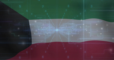 Rippling Kuwait flag showing circuit overlay in matrix, with glowing digits, light flare. Technology, innovation, digital, futuristic, patriotism, abstract, connectivityの写真素材
