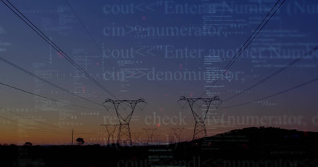 Showing high-voltage towers stretching power lines above rolling hills at dusk. Utilities,...