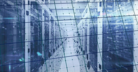 Displaying central aisle running through data center, with server racks and network grid overlay....
