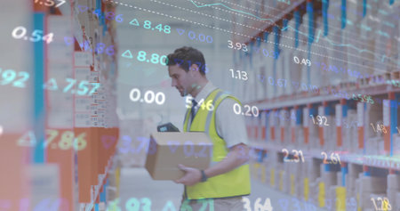 Warehouse worker wearing safety vest scanning box in storage aisle, with data overlay. Logistics,...