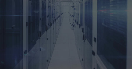 Revealing server aisle running through secure data center corridor, with blinking lights and cables....