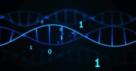 Displaying digital DNA double helix in abstract art scene, with binary digits and particle effects....