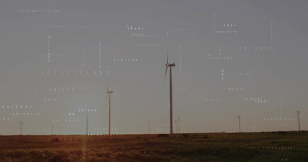 Standing tallest wind turbine rotating gently on rural grassy plain at sunset, with binary digits....