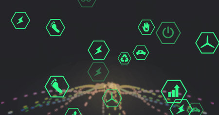 Displaying green hex icons bearing sustainable symbols in abstract space amid merging light trails. Renewable, innovation, ecology, connectivity, technology, future, environmentの写真素材