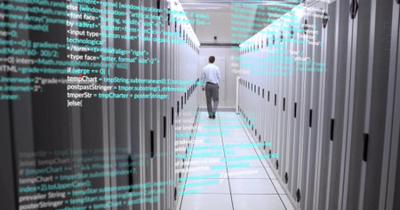Walking man in business attire navigating corridor between server racks, with floating code overlay....