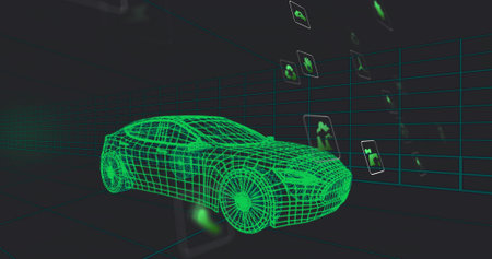 Displaying neon green wireframe sports car in virtual 3D space, with grid planes and floating icons. Futuristic, technology, digital, innovation, automotive, virtual reality, graphic designの写真素材