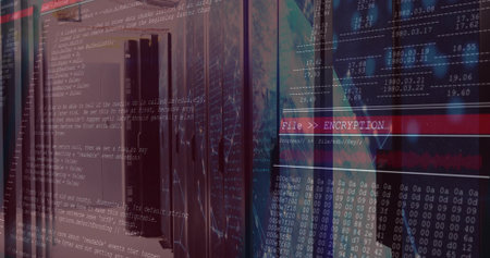 Displaying server racks processing encryption in data center, overlaying progress bar and globe. Cybersecurity, data, technology, futuristic, digital, network, infrastructureの写真素材
