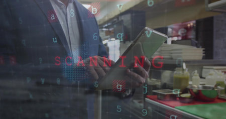 Reviewing tablet data manager standing behind service counter in cafeteria with plates, condiments. Technology, professional, modern, hospitality, dining, operational, digitalの写真素材