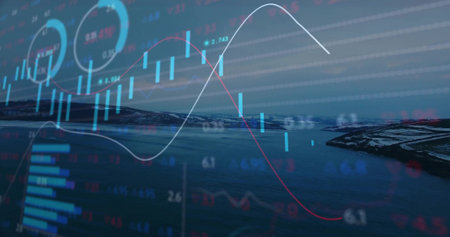 Displaying chart overlay over fjord at dusk, featuring candlestick trend lines and numeric labels. Nature, technology, analytics, landscape, data visualization, serenity, financeの写真素材