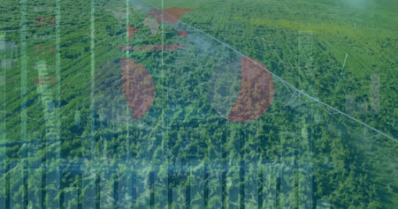 Spanning pivot irrigation arm diagonally across farmland, with digital overlays tracking crop data....