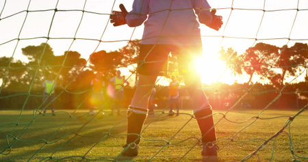 Defending female goalkeeper guarding goal on grassy pitch at sunset, with net and gloves. Athletic, teamwork, outdoor, vibrant, inspirational, sportsmanship, dynamicの写真素材