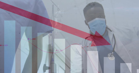 White-coated doctor with stethoscope examining bar chart beside IV stand in hospital with red arrow. Medical, healthcare, analysis, professionalism, diagnostics, data visualization, clinicalの写真素材