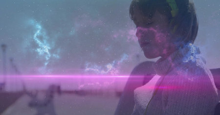 Animation of medical data processing and digital icons over female nurse using tabletの写真素材