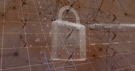 Floating wireframe padlock hovering in 3D grid, with alphanumeric characters, nodes and DNA helix....