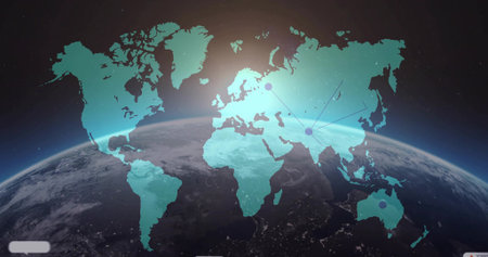 Displaying Earth with map overlay, network nodes with connecting lines in space, showing UI bars....