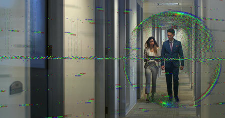 Walking colleagues in suits moving down office corridor with glitch overlay and doors, copy space....