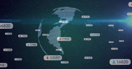 Rotating digital 3D Earth globe hovering in dark data space, with floating numeric tags, lens-flare. Technology, data visualization, futuristic, virtual reality, analytics, information, innovationの写真素材