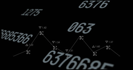Displaying white line graph on dark canvas with trend markers, numeric labels, numbers, copy space. Analytics, data, charts, visualization, technology, digital, insightsの写真素材