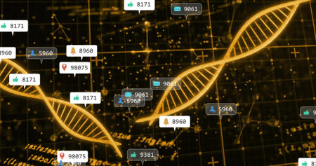 Displaying two golden DNA helices intertwining in virtual dashboard, with floating notifications. Futuristic, innovation, data visualization, technology, digital, abstract, connectivityの写真素材