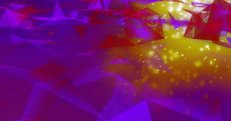 Purple low-poly triangular mesh receding into digital landscape, with yellow-gold glowing particles....