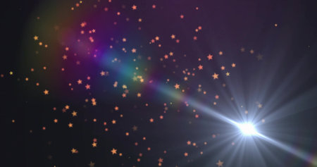 Radiating white lens flare crossing cosmic scene with diagonal beam and golden sparkles, copy space....