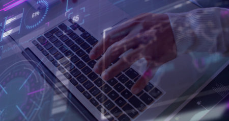 Typing professional hands pressing laptop keyboard at office desk, with digital interface overlays. Technology, innovation, data, analytics, futurism, digital, workspaceの写真素材