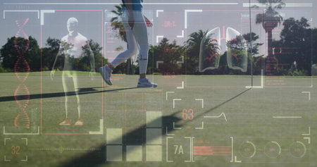 Striding woman wearing sportswear across putting green, with HUD showing 3D model and DNA helix....