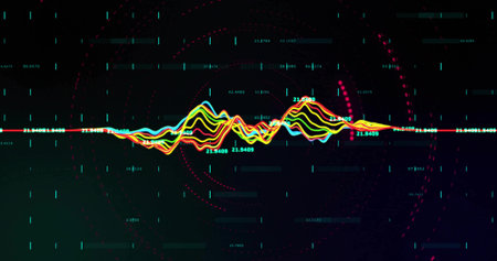 Displaying multicolored waveform on dark dashboard, with baseline numeric labels and dotted circles. Abstract, futurism, technology, visualization, digital, data, innovationの写真素材