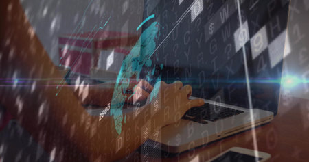 Typing Chinese woman navigating code and digital world map on laptop at desk with coffee mug. Technology, cybersecurity, digital, professional, workspace, communication, modernの写真素材