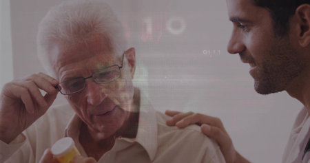 Senior patient raising glasses examining pill bottle in clinic, doctor holding stethoscope. Healthcare, medical, senior, consultation, professionalism, wellness, diagnosticsの写真素材