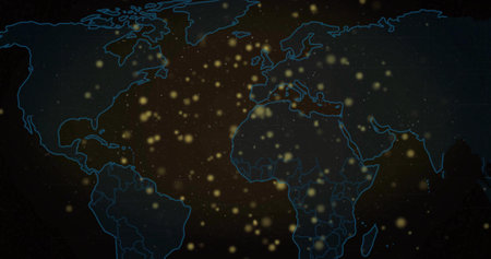 Displaying neon blue outlined world map showing glowing data nodes on dashboard, with grid overlay....
