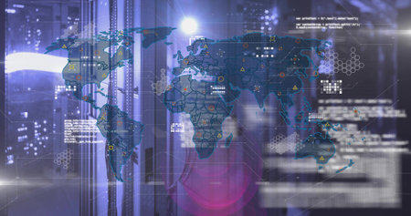 Displaying digital world map overlay showing activity at server room, with server racks code icons....