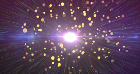 Radiating bright white light burst in abstract space, with multicolored streaks and golden bokeh....